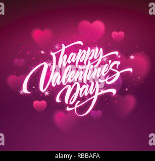 Glücklich Valentinstag handschriftlichen Text auf unscharfen Herz Hintergrund. Vektor-illustration Stock Vektor