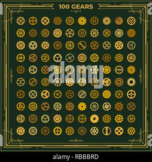 Steampunk Zahnräder set viktorianischen Ära vintage design Stil Uhrwerk Abbildung metall Zahnräder Elemente auf dunkelgrünem Hintergrund Stock Vektor