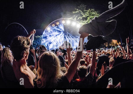 Dänemark, Skanderborg - August 11, 2017. Party People und Festivalbesucher verrückt auf einem Live-konzert mit der elektronischen Musik Projekt Major Lazer während der dänischen Musik Festival SmukFest 2017. Mit Ausnahme von Dänemark. Stockfoto