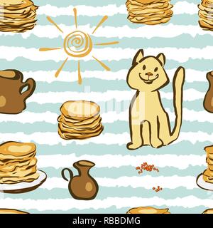 Nahtlose Muster mit traditionellen Karneval Symbole - Pfannkuchen, Kaviar, Sun, Cat. Vector Illustration Stock Vektor