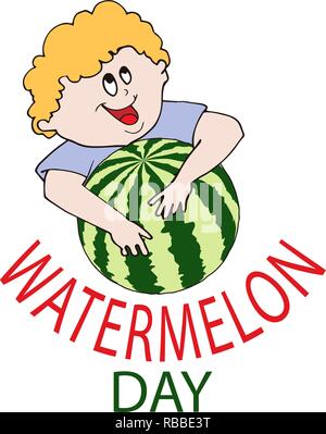 National Watermelon Tag Design. Eine glückliche junge ist das Umarmen eine Wassermelone. Vector Illustration Stock Vektor