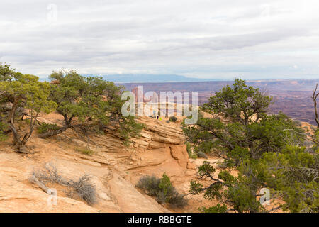 Blick auf Wanderer ihren Weg zu den Mesa Arch im Canyonlands National Park. Utah Wacholder auf dem Weg verstreut. Stockfoto