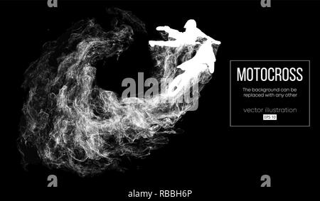 Abstrakte Silhouette einer motocross Rider auf dunklen schwarzen Hintergrund von Partikeln, Staub, Rauch, Dampf. Motocross Fahrer springen und führt einen Trick. Hintergrund kann auf einen beliebigen anderen geändert werden. Vektor Stock Vektor