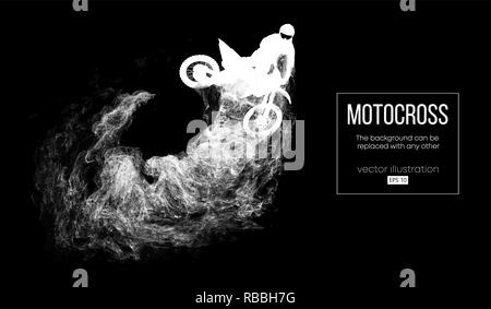 Abstrakte Silhouette einer motocross Rider auf dunklen schwarzen Hintergrund von Partikeln, Staub, Rauch, Dampf. Motocross Fahrer springen und führt einen Trick. Hintergrund kann auf einen beliebigen anderen geändert werden. Vektor Stock Vektor