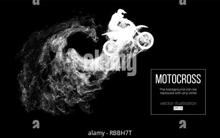 Abstrakte Silhouette einer motocross Rider auf dunklen schwarzen Hintergrund von Partikeln, Staub, Rauch, Dampf. Motocross Fahrer springen und führt einen Trick. Hintergrund kann auf einen beliebigen anderen geändert werden. Vektor Stock Vektor
