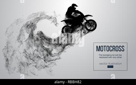 Abstrakte Silhouette einer motocross Rider auf weißem Hintergrund von Partikeln, Staub, Rauch, Dampf. Motocross Fahrer springen und führt einen Trick. Hintergrund kann auf einen beliebigen anderen geändert werden. Vektor Stock Vektor