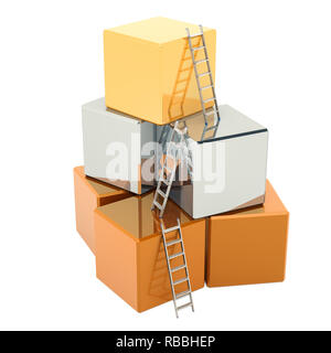 Erfolg und Geschäft Fortschritt Konzept. Treppen mit Bausteinen Gebäude, würfeln. 3D-Rendering auf weißem Hintergrund Stockfoto