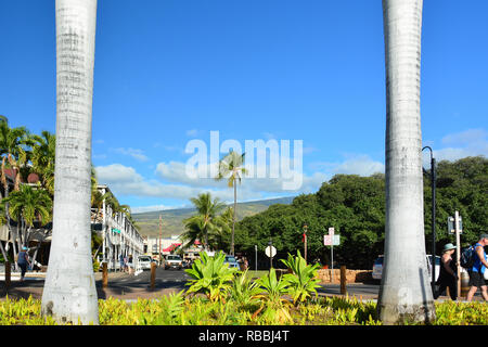 Historische Lahaina, Maui, der ersten Hauptstadt der hawaiischen Inseln und ehemalige Walfängerstadt. Stockfoto