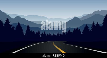 Straße Kurve in Wald- und Berglandschaft in der Morgendämmerung Vektor-illustration EPS 10. Stock Vektor