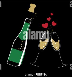 Die geöffnete Flasche Champagner und Gläsern mit Herzen für Hochzeit und Valentines Tag Vektor-illustration EPS 10. Stock Vektor