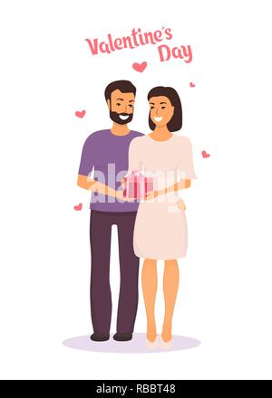 Mann gibt Frau ein Geschenk für Valentinstag und umarmt sie. Glückliches Paar in Liebe am Valentinstag. Vector Illustration im flachen Stil Stock Vektor