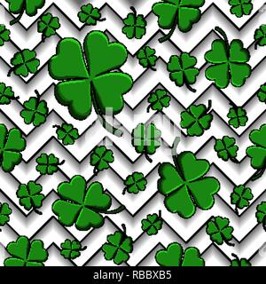 Grüne Kleeblätter mit vier Blätter. St Patricks Day Geometrie nahtlose Muster Stock Vektor