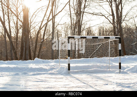 Leer Fußball Tor auf dem Feld in Pulverform durch Schnee. Dawn frostigen Morgen. Winterlandschaft von frostigen Bäumen, weißer Schnee und blauer Himmel. Ruhigen winter natur im Sonnenlicht in Park Stockfoto