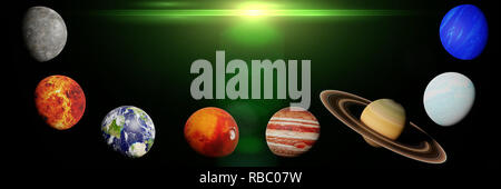 Die Planeten des Sonnensystems beleuchtet von der Sonne (3d-Wissenschaft machen, Banner, Elemente dieses Bild von der NASA eingerichtet sind). Stockfoto