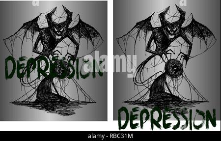 Zeichnung für Tattoo oder t-shirts Dämon und ein Mann in Depressionen verstrickt Stock Vektor