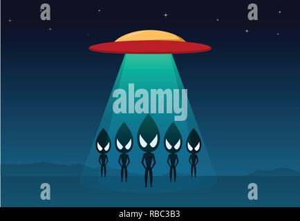 Gruppe von Außerirdischen auf der Erde von UFO, vector art design angekommen Stock Vektor