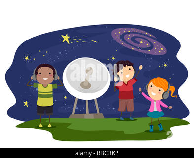Abbildung: Stickman Kinder mit Kopfhörern zu hören, klingt im Weltraum Stockfoto