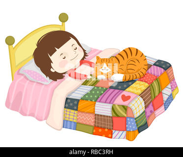 Abbildung: ein Kind Mädchen Schlafen auf Bett mit Haustier Katze Stockfoto