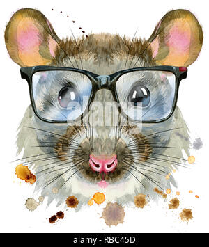 Süße Ratte mit großen schwarzen Gläsern für t-shirt Grafiken. Aquarell Ratte Abbildung Stockfoto