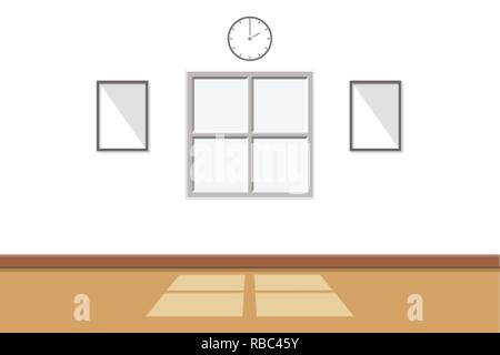 Weiße Inneneinrichtung gibt es Sonnenlicht durch die Fenster mit der leeren Wand Hintergrund, Vector Illustration Stock Vektor