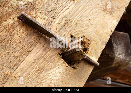 Zeitarbeit eines Gebäudes in Der Reihe der Weinkellereien Freilichtmuseum, Cak, Ungarn. Stockfoto