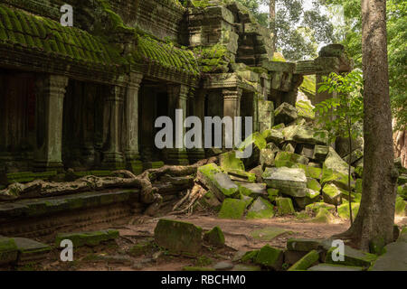 Gefallenen Felsen durch Kolonnade mit Moosbewachsenen Dach Stockfoto