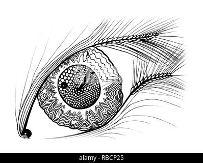 Freehand. Stilisierte menschliche Auge mit dem Kern der Erde in der Pupille. Stockfoto