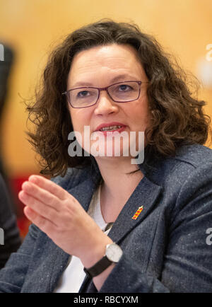 09. Januar 2019, Niedersachsen, Osnabrück: Andrea Nahles, Vorsitzende der SPD, spricht an der jährlichen Kick-off-Meeting des SPD-gruppen Nordrhein-Westfalen und Niedersachsen/Bremen. Die SPD-Bundestagsabgeordneten Kurs der Partei zu diskutieren. Foto: Friso Gentsch/dpa Stockfoto