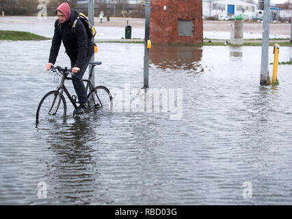 Wismar, Deutschland. 09 Jan, 2019. Ein Radfahrer fährt durch eine überflutete Kreuzung. Eine Sturmflut ist wieder in vielen Orten an der Ostsee im Nordosten erwartet. Die Hamburger maritime Wetterdienst hat ein starker Wind Warnung für die Ostseeküste. Credit: Jens Büttner/dpa-Zentralbild/dpa/Alamy leben Nachrichten Stockfoto