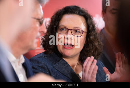 09. Januar 2019, Niedersachsen, Osnabrück: Andrea Nahles, Vorsitzende der SPD, spricht an der jährlichen Kick-off-Meeting des SPD-gruppen Nordrhein-Westfalen und Niedersachsen/Bremen. Die SPD-Bundestagsabgeordneten Kurs der Partei zu diskutieren. Foto: Friso Gentsch/dpa Stockfoto