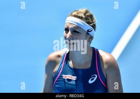 Der Sydney Olympic Park, Sydney, Australien. 9 Jan, 2019. Sydney International Tennis; Timea Bacsinszky aus der Schweiz in ihrem Match gegen SAM Stosur von Australien Quelle: Aktion plus Sport/Alamy leben Nachrichten Stockfoto