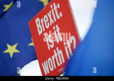 (190109) -- LONDON, Januar 9, 2019 (Xinhua) - Anti-Brexit Demonstranten halten Plakate und Wave flags außerhalb der Häuser des Parlaments in London, Großbritannien, am 9. 2019. Großbritanniens Brexit Debatte im Unterhaus auf das vorgeschlagene Abkommen über die Bedingungen für die Rücknahme der UK und die künftigen Beziehungen mit der EU begonnen Mittwoch vor einer Abstimmung für Jan. 15 geplant. (Xinhua / Tim Irland) Stockfoto