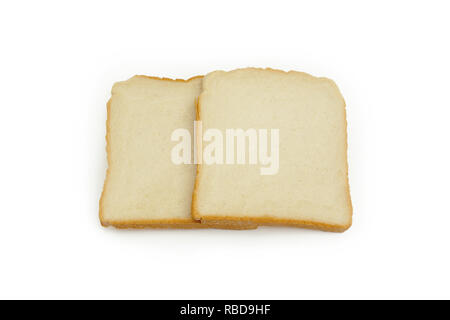 Zwei Scheiben Toast Brot auf weißem Hintergrund. In der Nähe von frischem Toast Scheiben. Stockfoto