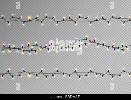 Scheinwerfer Girlande auf transparentem Hintergrund Vektor isoliert. Realistische Designelemente. Weihnachtsbeleuchtung leuchtende Vorlage Stock Vektor