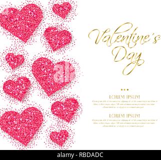 Rosa Glitter Herz Valentinstag Vektor. Romantische Karte Vorlage. Einladung oder Party Poster Stock Vektor