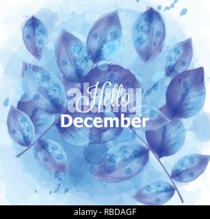 Hallo Dezember Karte mit blauen Blätter Vektor. Schönen winter Aquarell design Textur Stock Vektor