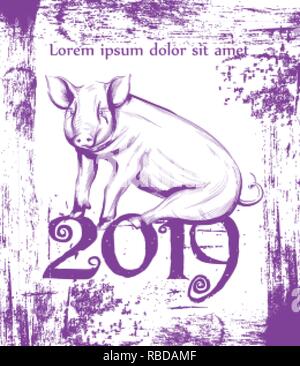 Frohes Neues Jahr Schwein symbol Line Art Vektor. Vintage Retro niedlichen rosa Schwein Symbol 2019 Dekoration grafischen Stil Stock Vektor