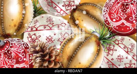 Weihnachtskugeln Vektor Dekoration Banner. Realistische verzierte Christbaumkugeln. Farbenfrohe neue Jahr Einrichtung in Gold und Rot Stock Vektor