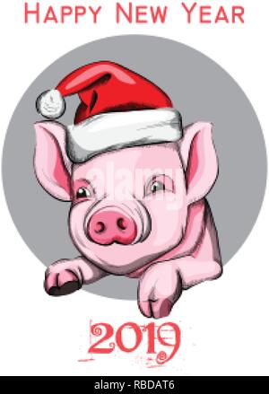 Frohes Neues Jahr Schwein Jahr symbol Vektor. Vintage Retro niedlichen rosa Schwein Symbol 2019 Dekor Stock Vektor