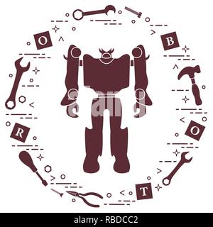 Roboter, Würfel mit Buchstaben, Spielzeug Werkzeug (Schraubendreher, Schraubenschlüssel, Schraube, Hammer). Spielzeug für Kinder. Robotik, Technologien. Design für Banner, Poster oder pri Stock Vektor