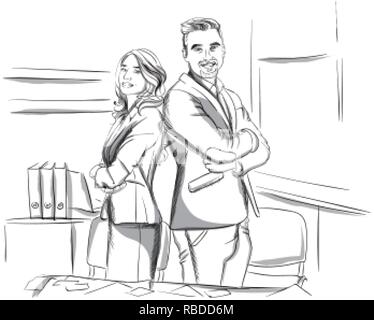 Happy business Mann und Frau Kreuz übergeben Vektor Skizze. Erfolgreiche Team. Storyboard digitale Vorlage. Skizze Stil line Art Stock Vektor