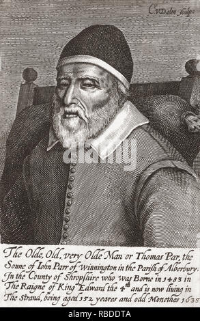 Thomas Parr, in Shropshire, England geboren, angeblich in 1483 und in 1635 gestorben zu sein. Wenn ja, wäre er 152 Jahre alt geworden. Auch als alter Tom Parr und Old Parr bekannt. Nach einem 17. Jahrhundert Drucken von Cornelis Van Dalen. Stockfoto