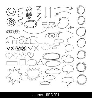 Doodle verschiedene Formen, Wolken Rede und Pfeile gesetzt Stock Vektor