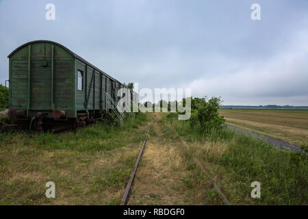 Abgebrochene Eisenbahnwaggons mit alten Bahntrasse in der Mitte der Landschaft Stockfoto