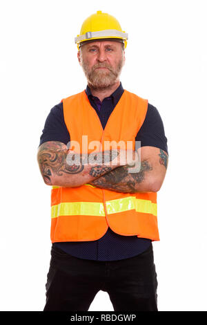 Reife bärtige Mann Bauarbeiter mit hand Tattoos standin Stockfoto