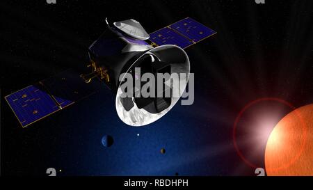 Transit Exoplanet Umfrage Satelliten TESS Weltraumteleskop Reisen durch den Raum auf der Suche nach exo Planeten. 3D-Darstellung Stockfoto
