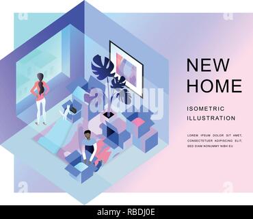 Neue home Konzept. Frau und Mann. Umzugskisten. Stock Vektor