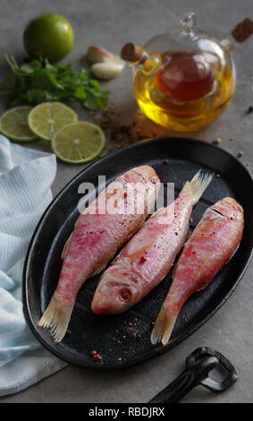 Frischer Fisch Rotbarbe mit Kalk und Gewürze, mit Olivenöl, Knoblauch, Gewürze, Kalk Stockfoto