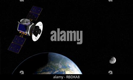 Transit Exoplanet Umfrage Satelliten TESS Weltraumteleskop im Orbit des Planeten Erde mit Mond im Hintergrund. 3D-Darstellung Stockfoto