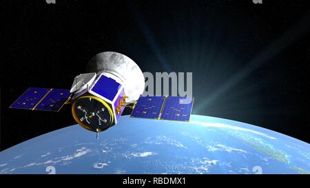 Transit Exoplanet Umfrage Satelliten TESS Weltraumteleskop im Orbit des Planeten Erde mit Sterne im Hintergrund. 3D-Darstellung Stockfoto